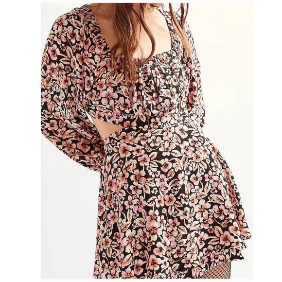 New Free People Jael  Boho Floral Printed Mini Dress $128 MEDIUM Black - Picture 3 of 8